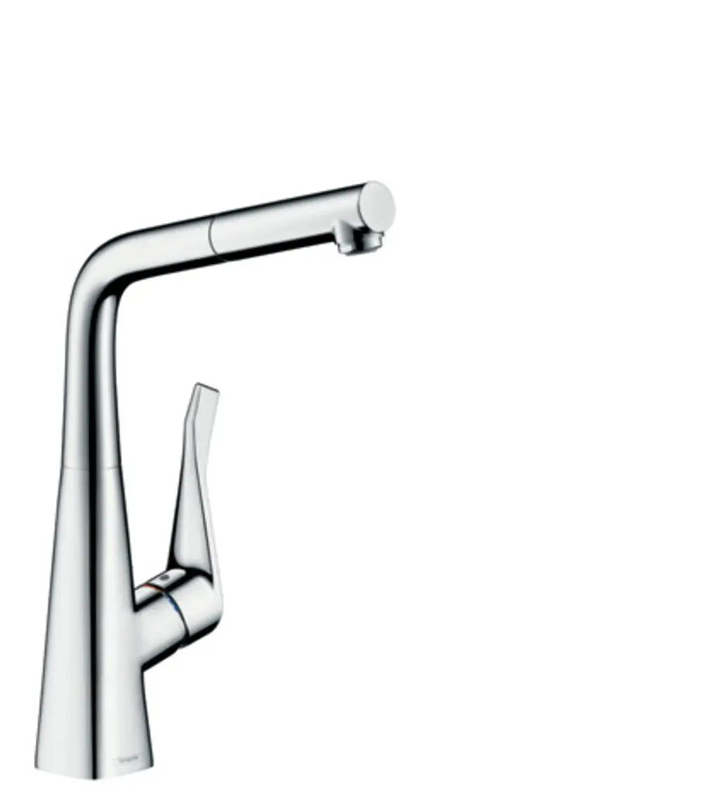 Spültischmischer von Hansgrohe mit Ausziehauslauf und einem Wasserstrahl, in chromfarbener Oberfläche. Konstruktion mit einem Hebel zur Steuerung von Wasserfluss und Temperatur.